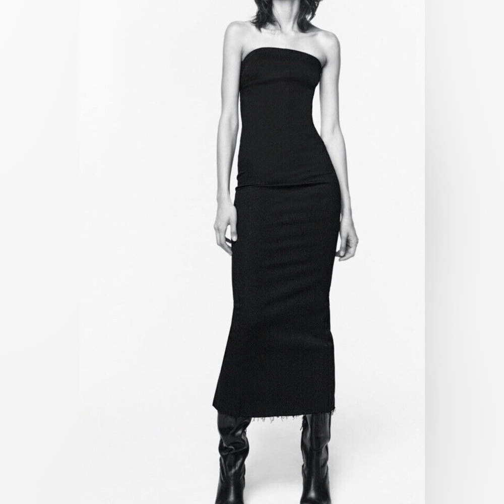 Zara Black Denim Midi Strapless Dress